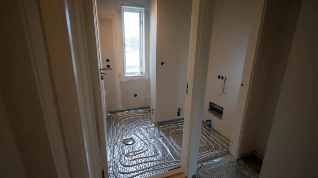 badrumsrenovering med golvv rme och flytt av golvbrunn