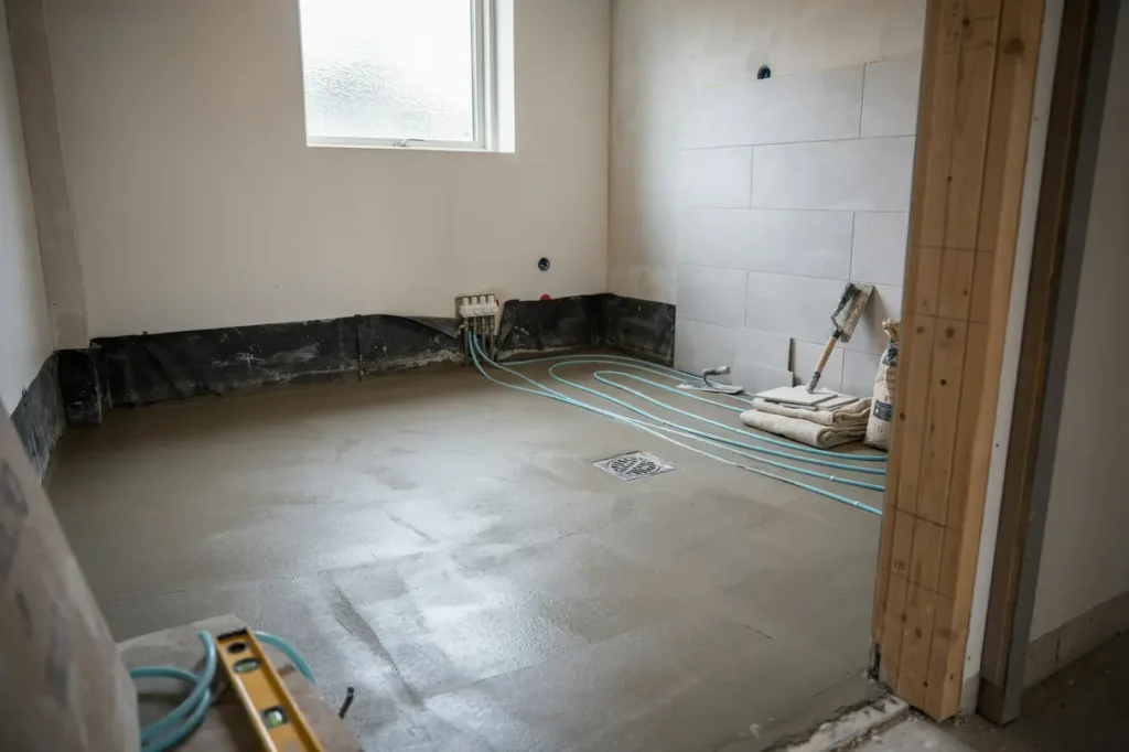 planera badrumsrenovering med flyttad golvbrunn och golvv rme
